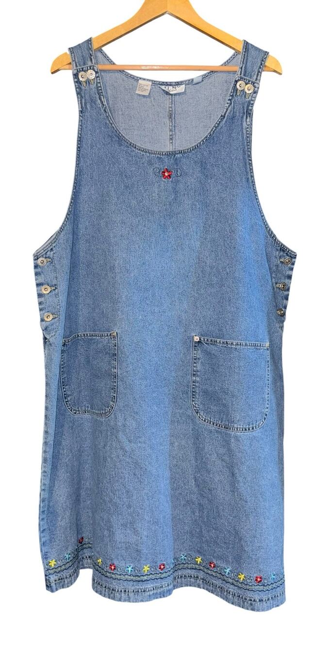 Vintage Embroidered Overall Jumper Dress Women's 1X Floral Pockets Jean Cottage